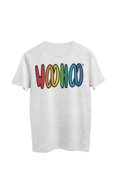 Heather gray unisex t-shirt designed by WooHoo Apparel. The design features a larger 'woohoo' font with rainbow colors inside the outline.